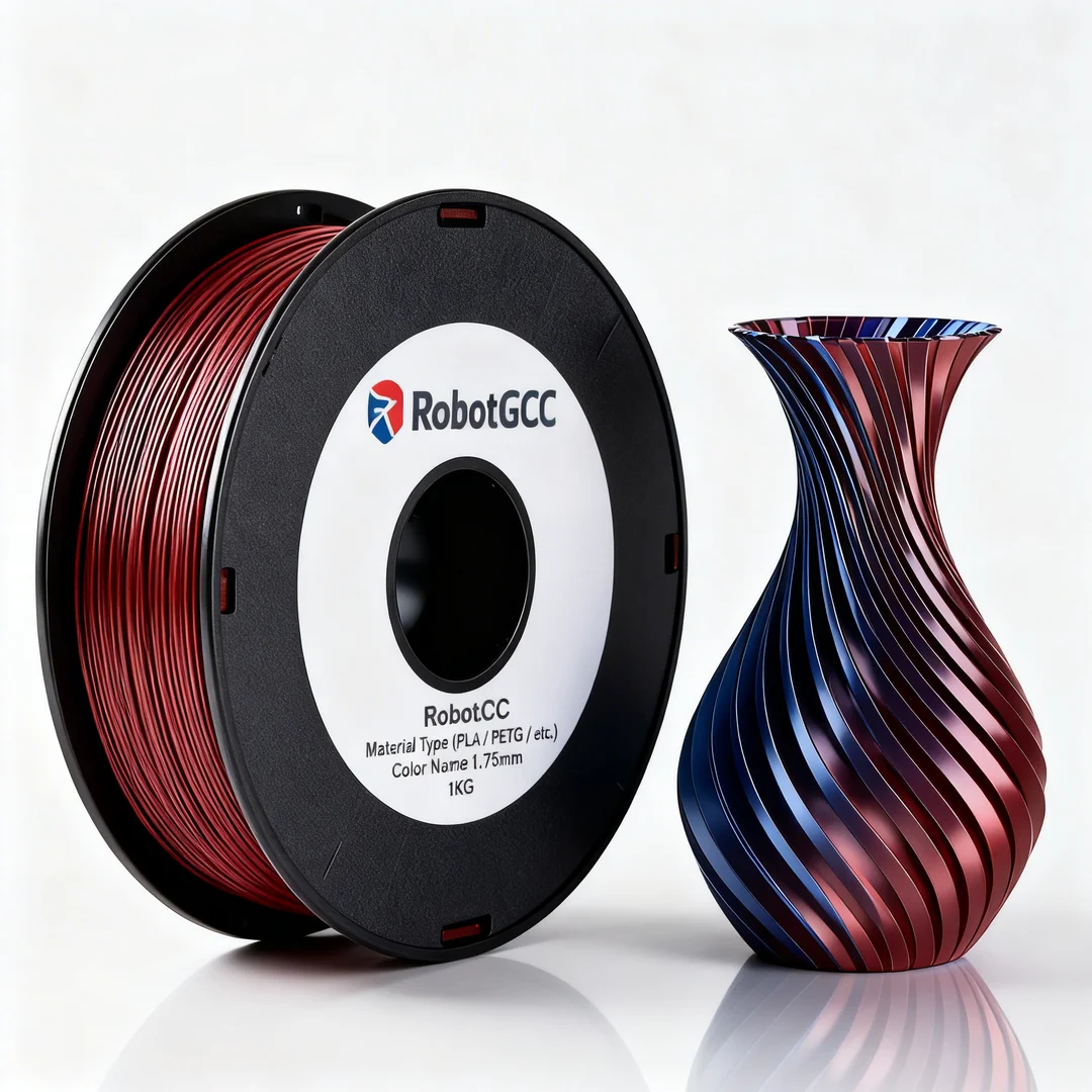 Spool of red and black 3D printing filament with a colorful 3D printed vase on a white background, featuring the RobotGCC brand.