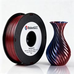 Spool of red and black 3D printing filament with a colorful 3D printed vase on a white background, featuring the RobotGCC brand.