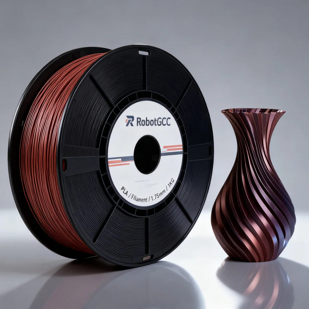 Spool of red filament with RobotGCC branding next to a 3D printed vase on a reflective surface.