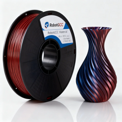 Spool of red and black 3D printing filament with a finished 3D printed vase on a white background, featuring the RobotCC brand.