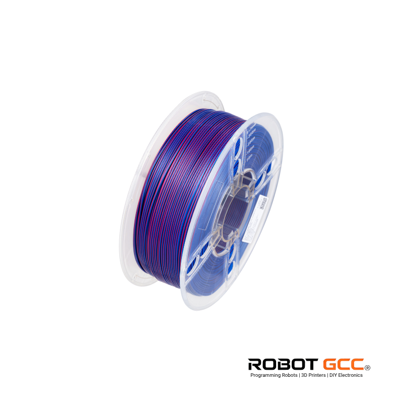 Spool of blue filament on a white background with Robot GCC logo.