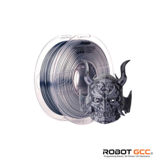Spool of filament with a 3D printed helmet model on a white background, featuring the ROBOT GCC logo.