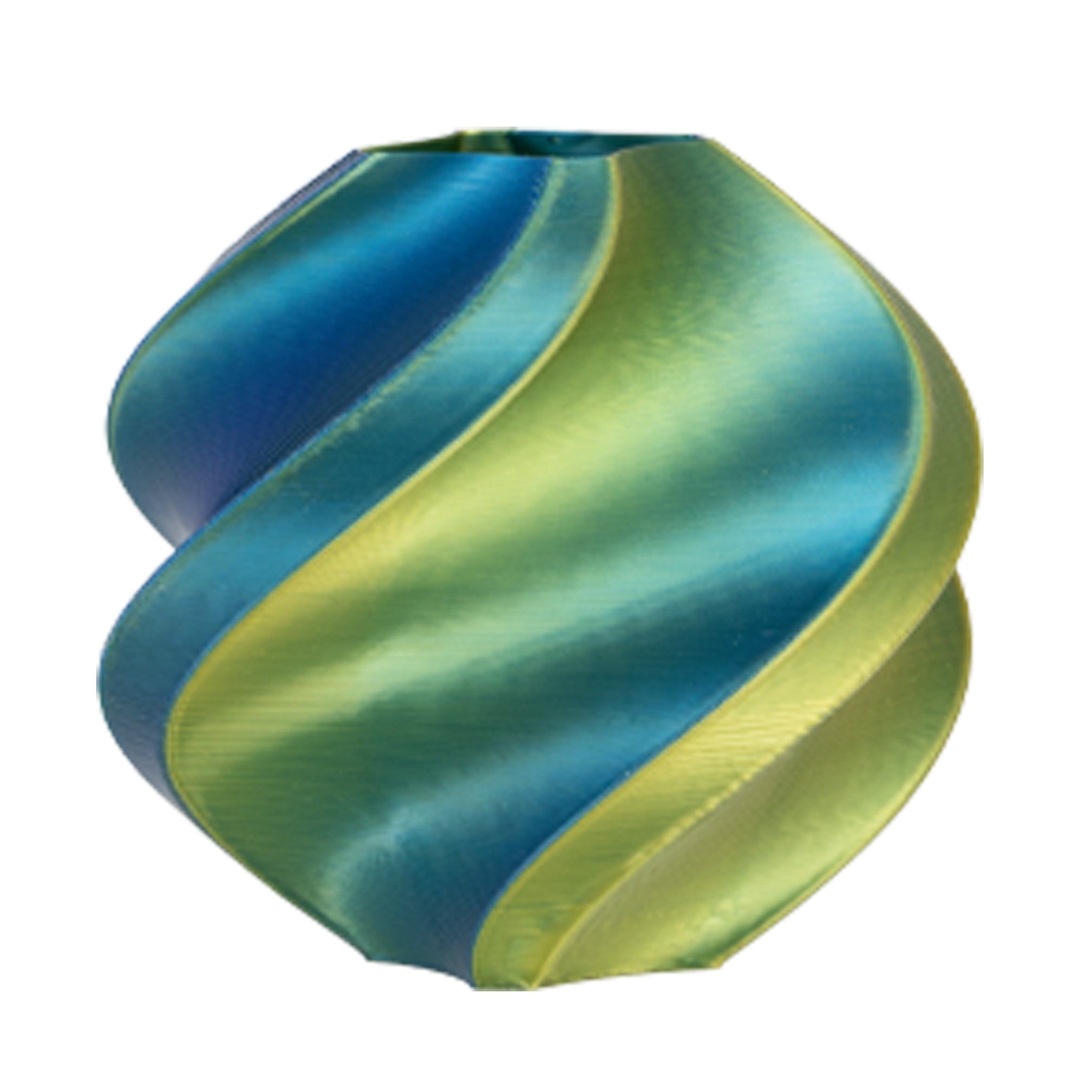 Spherical object with blue and green swirl pattern on a white background