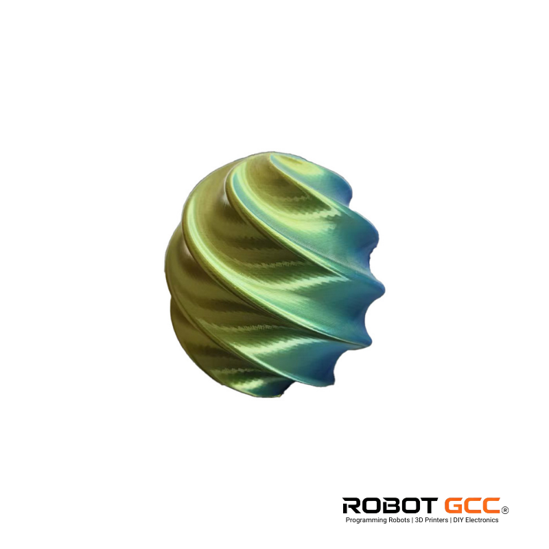 Metallic green and blue spiral object on a white background with ROBOT GCC logo.