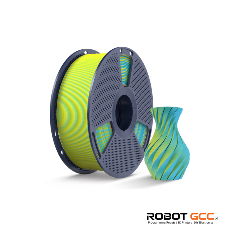 Spool of green and blue filament with a 3D printed object, featuring the ROBOT GCC logo.