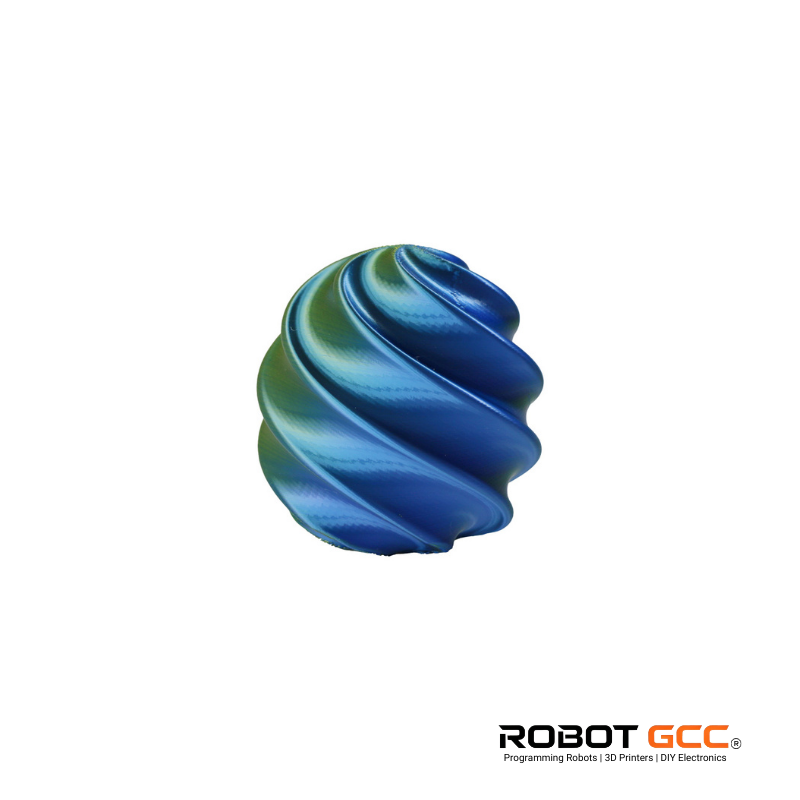 Blue and green swirled object on a white background with Robot GCC logo.
