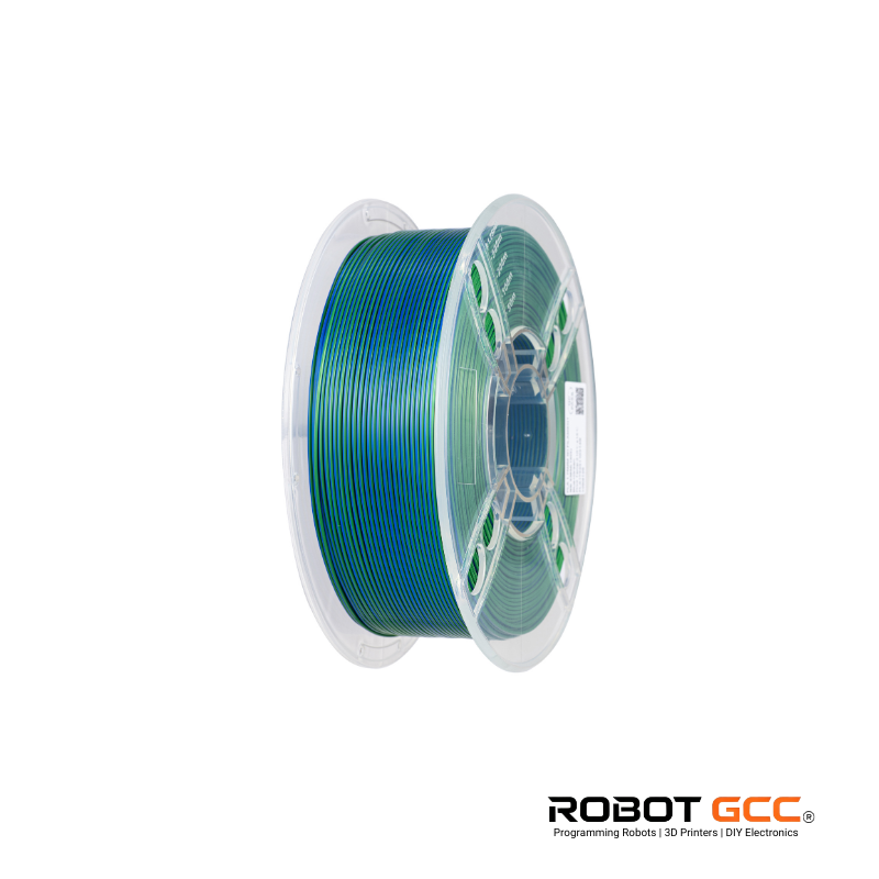 Spool of green filament on a white background with Robot GCC branding.