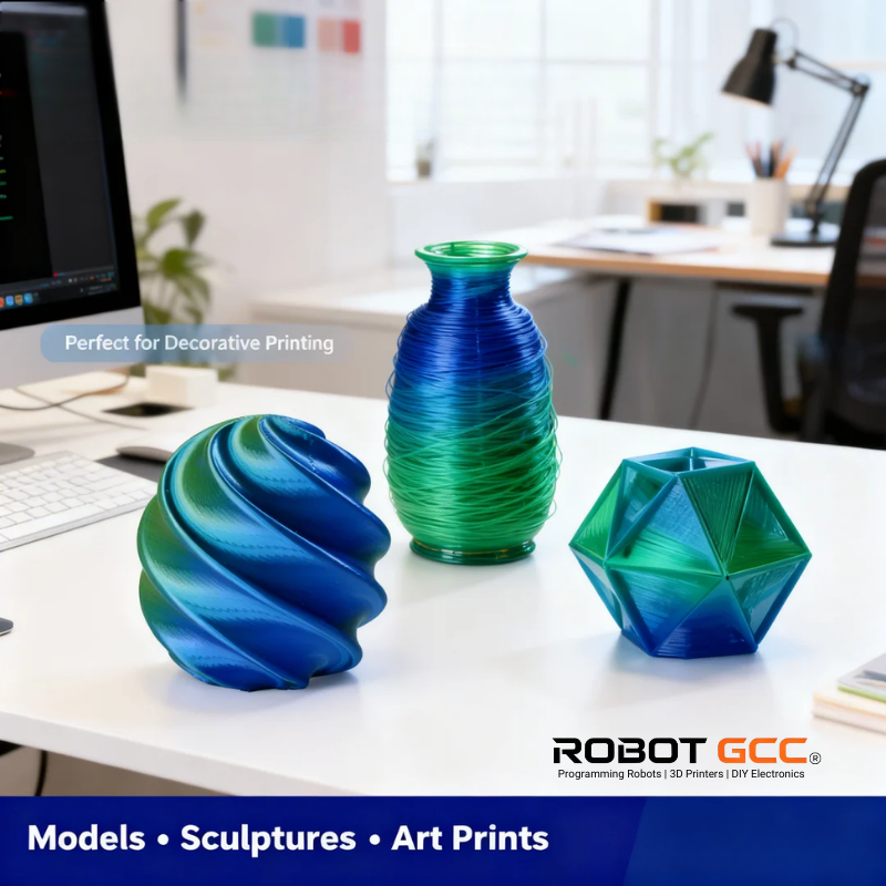 Three colorful 3D-printed models on a desk with a blurred office background.