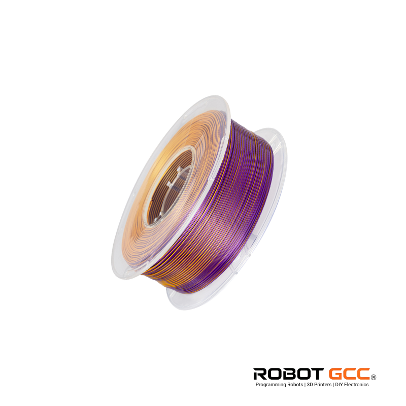 Spool of multicolored filament with 'Robot GCC' branding on a white background