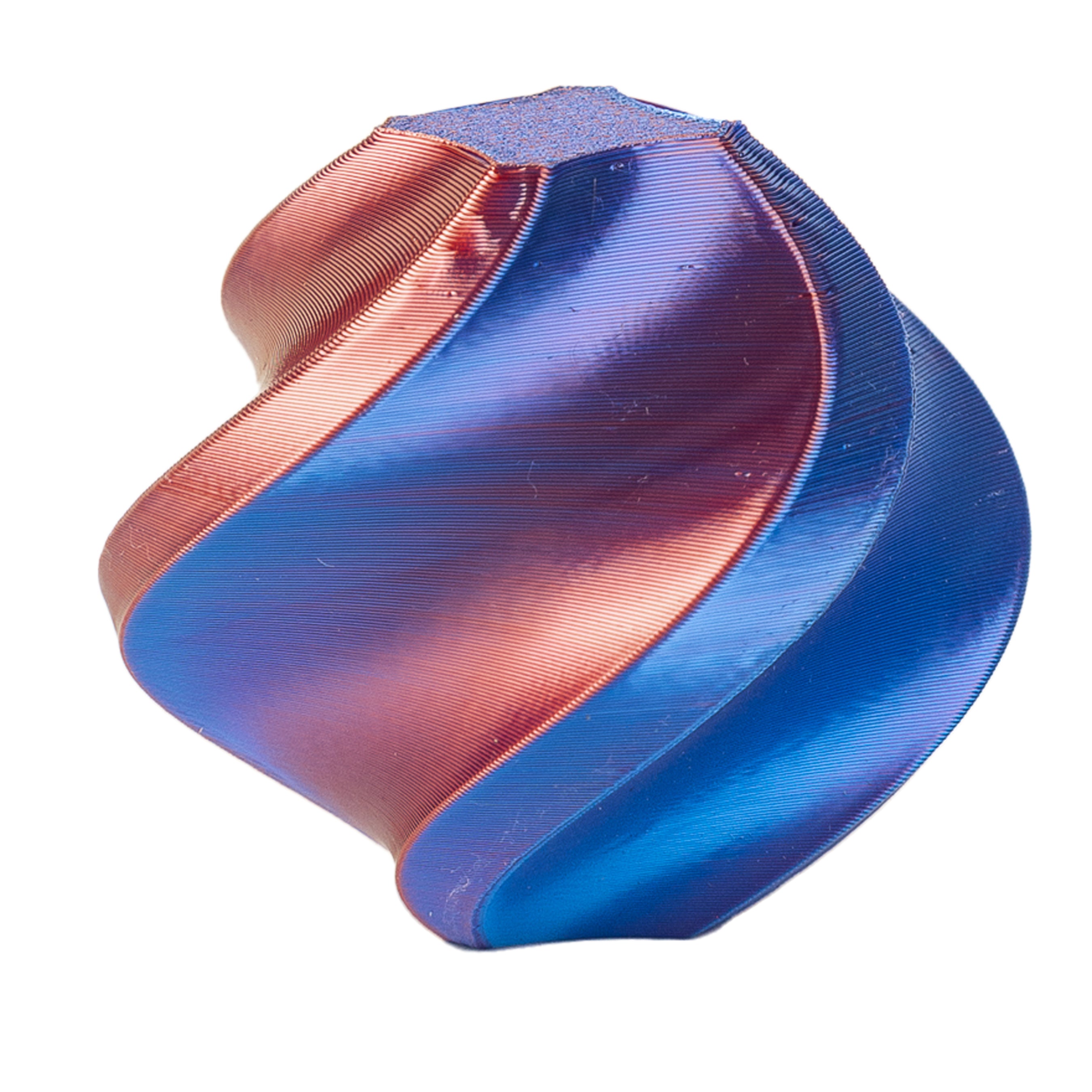 Blue and red metallic object on a white background