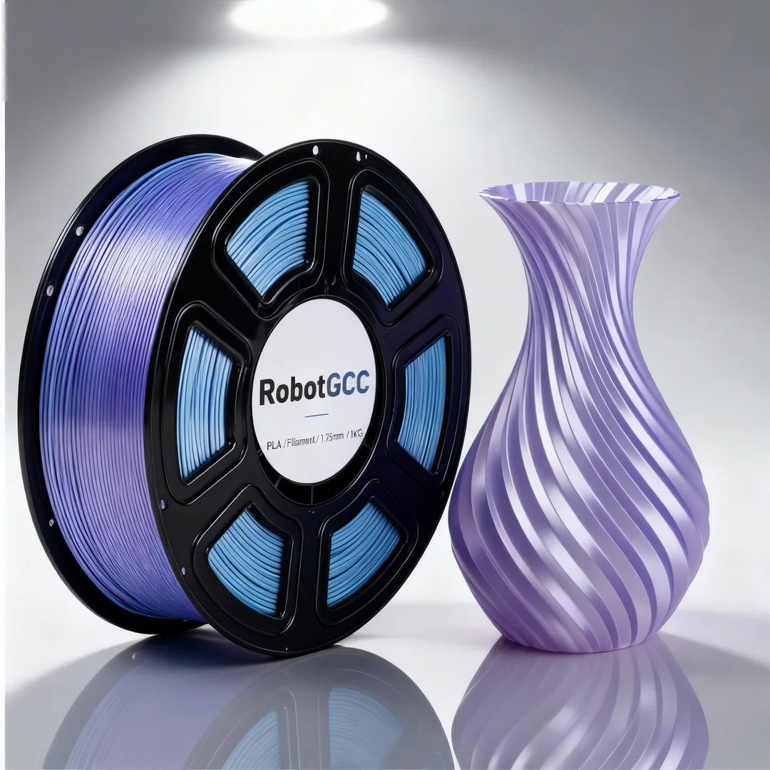 Spool of blue and black filament with a purple and white vase on a reflective surface