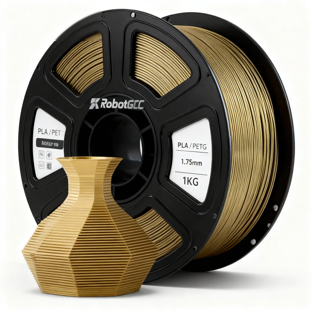 Spool of gold 3D printing filament with a printed vase model on a white background, featuring the RobotGCC brand.