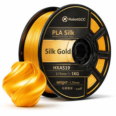 Spool of PLA Silk filament labeled 'Silk Gold' with 'RobotGCC' branding on a white background.
