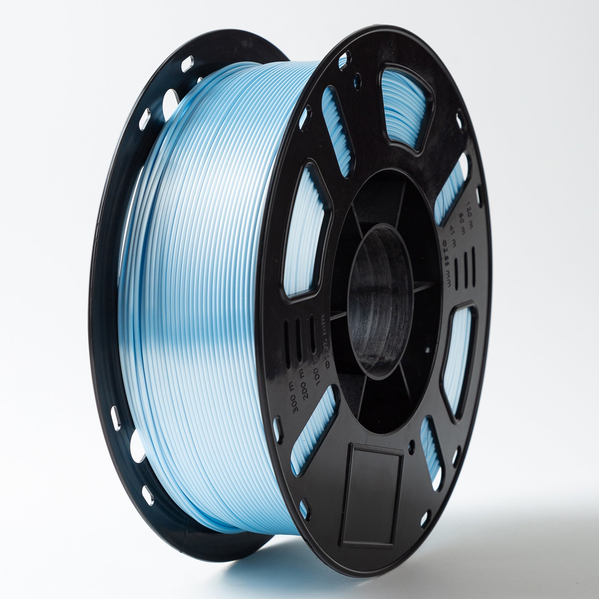 Spool of blue filament on a black plastic spool against a white background