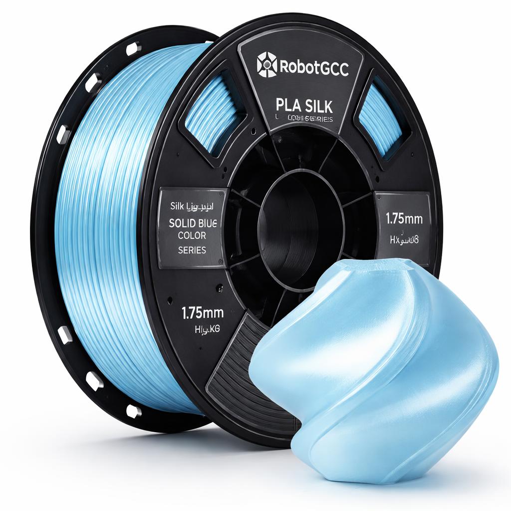 Spool of blue 3D printing filament with 'RobotGCC' branding on a white background