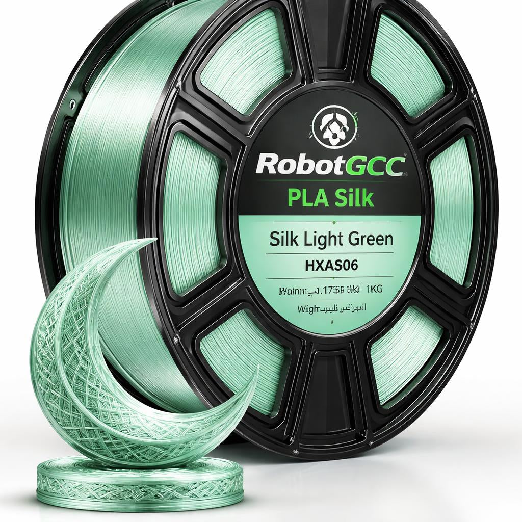 Spool of RobotGCC PLA Silk filament in Silk Light Green on a white background