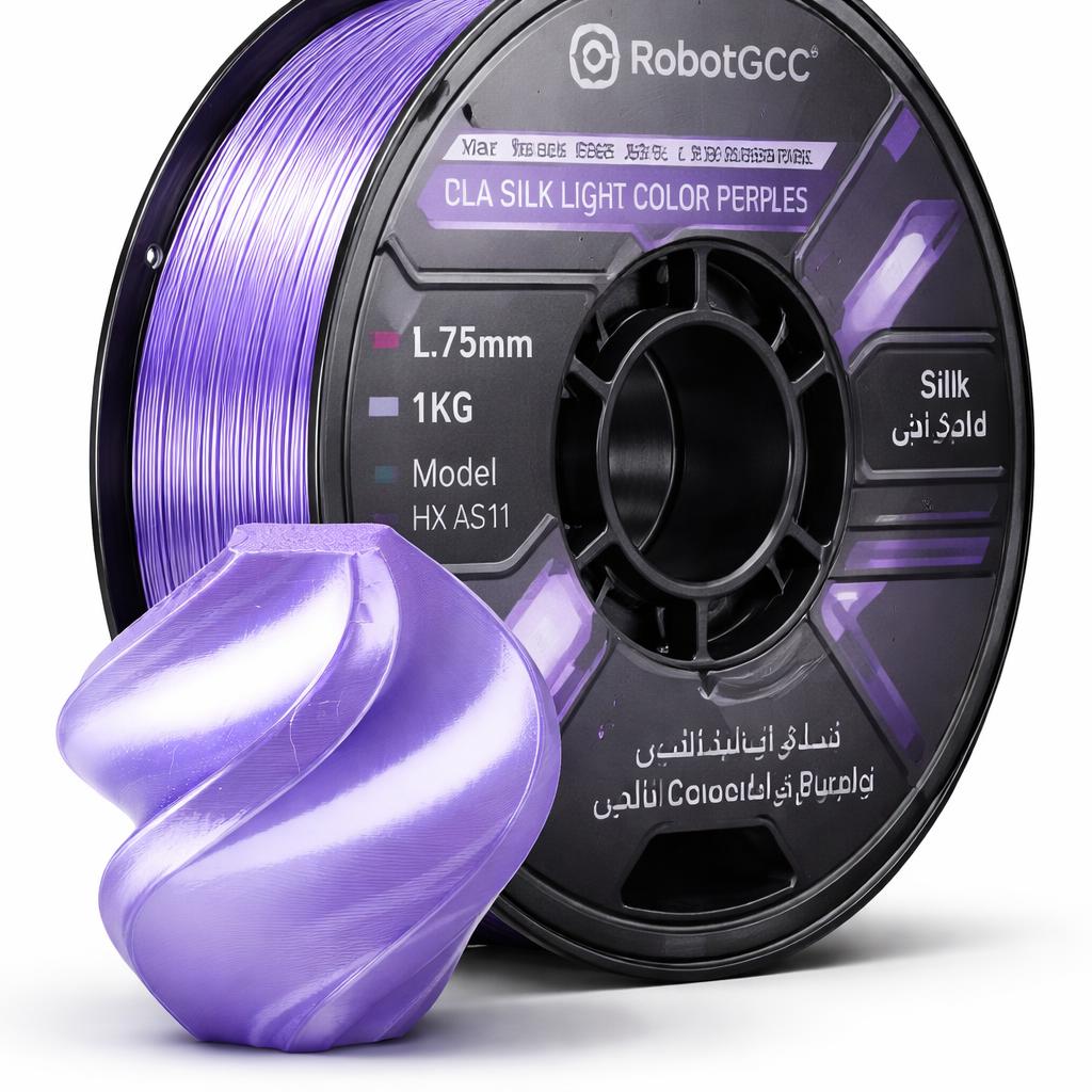 Spool of purple silk filament with 'RobotGCC' branding on a white background