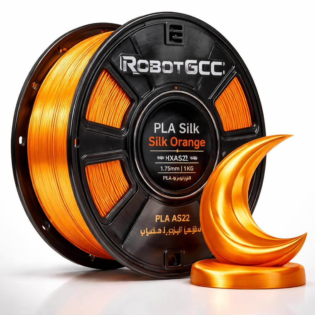Spool of RobotGCC PLA Silk filament with a small orange sculpture on a white background