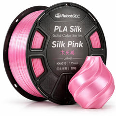 Spool of pink PLA silk filament with a small pink sample on a white background, branded as RobotGCC.