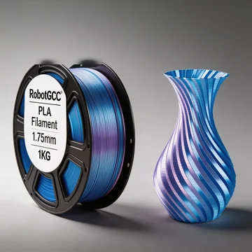 Spool of RobotGCC PLA Filament next to a blue and white swirled vase on a gray background
