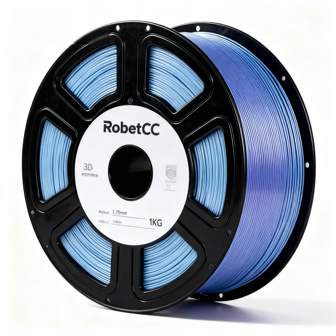 Spool of blue 3D printing filament with 'RobetCC' branding on a white background