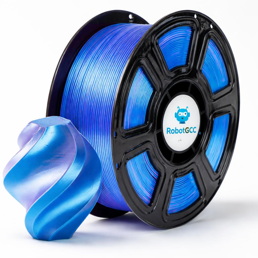 Spool of blue filament with RobotGCC logo on a white background