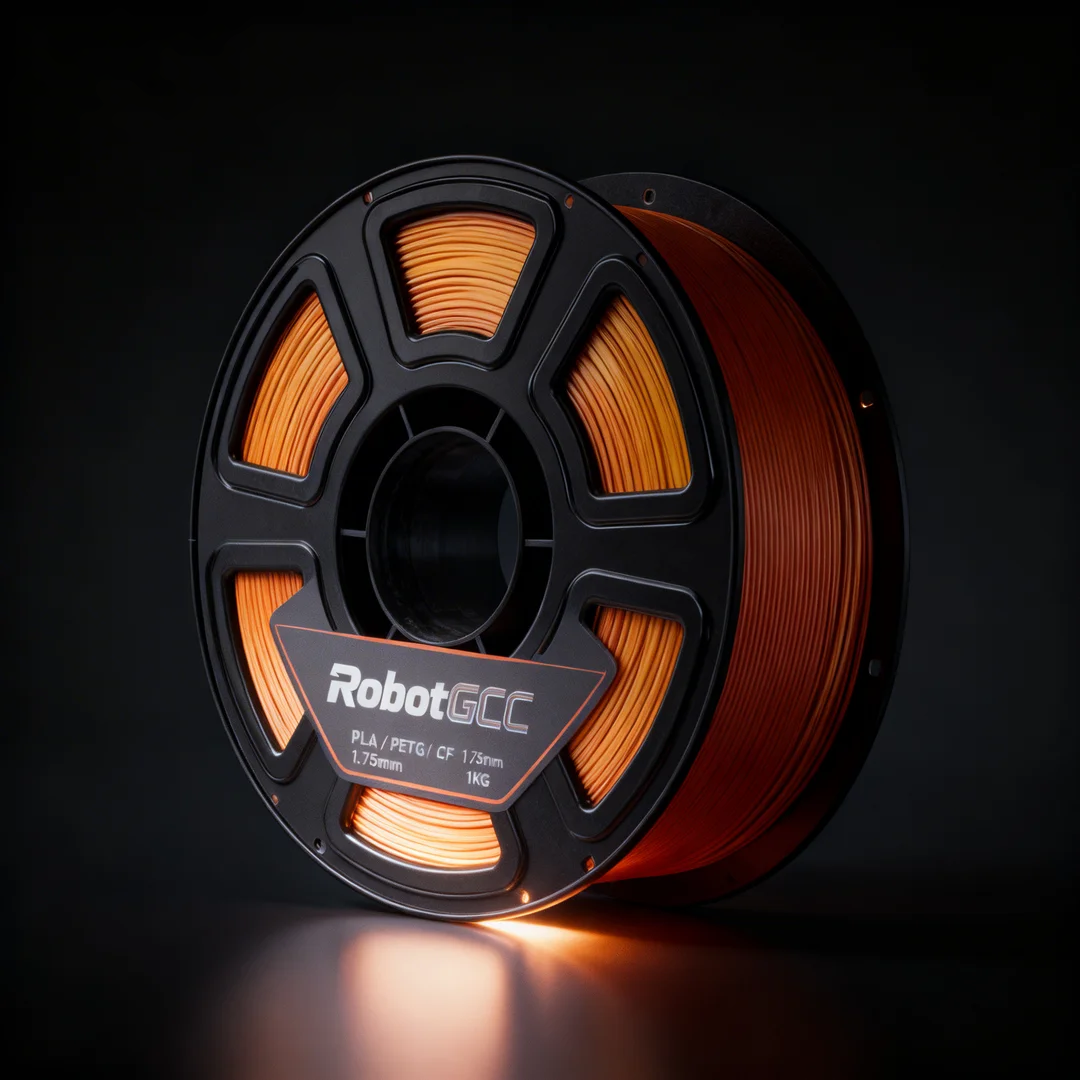 Spool of orange 3D printing filament with RobotGCC branding on a dark background