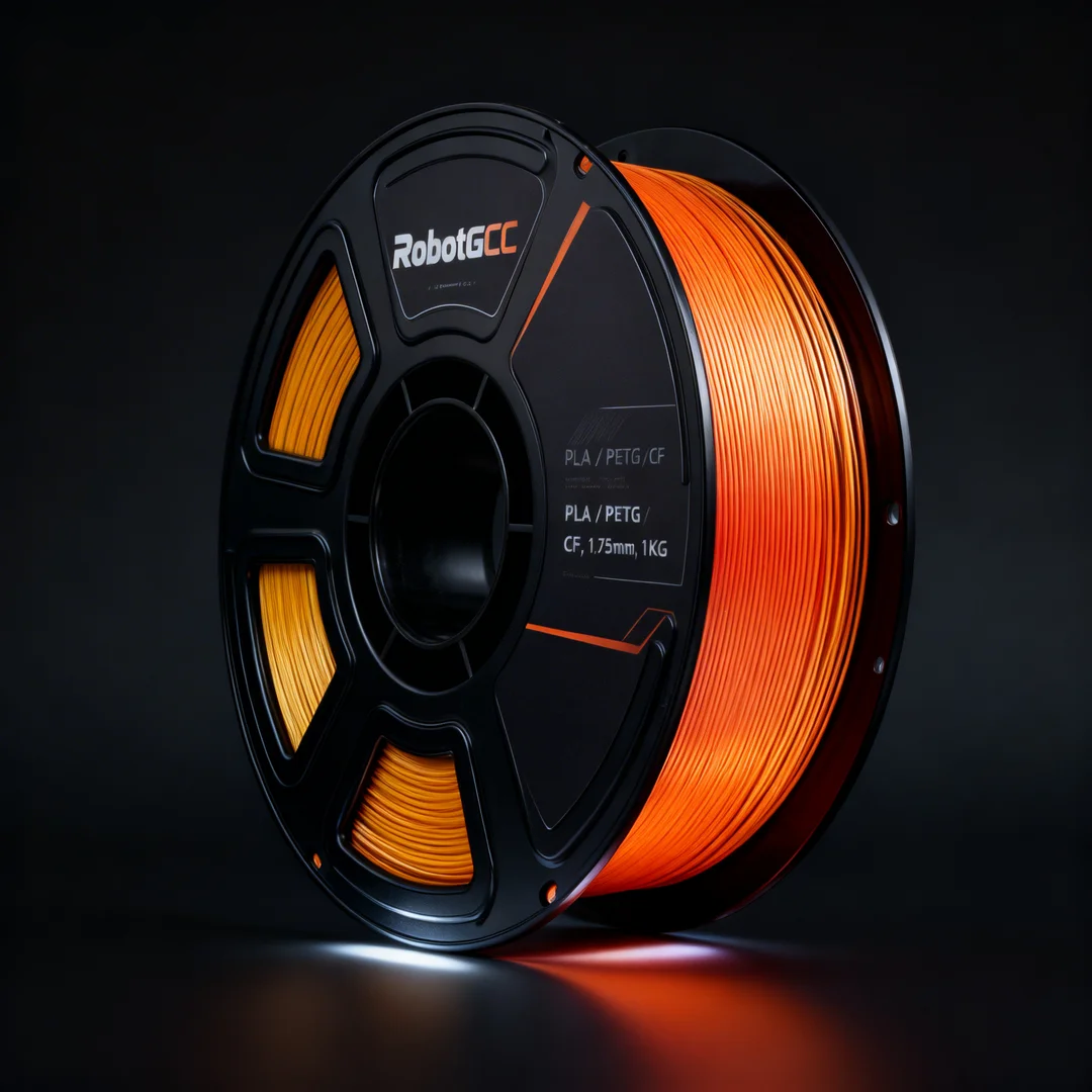Spool of orange 3D printing filament with RobotGCC branding on a dark background