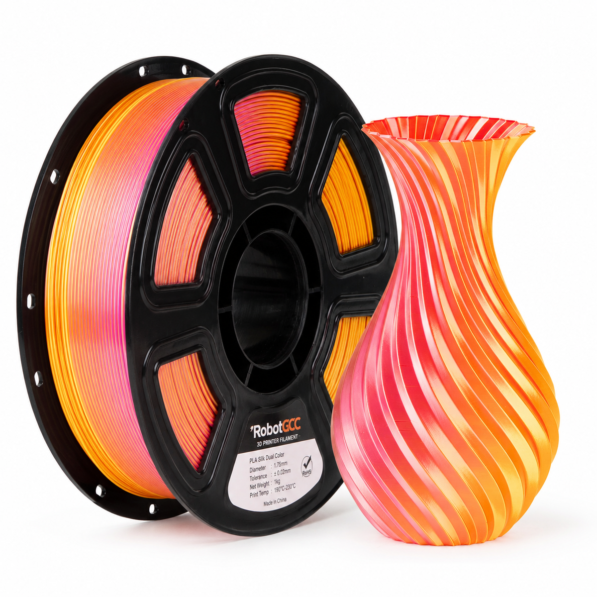 Spool of colorful 3D printing filament and a printed object with similar design on a white background