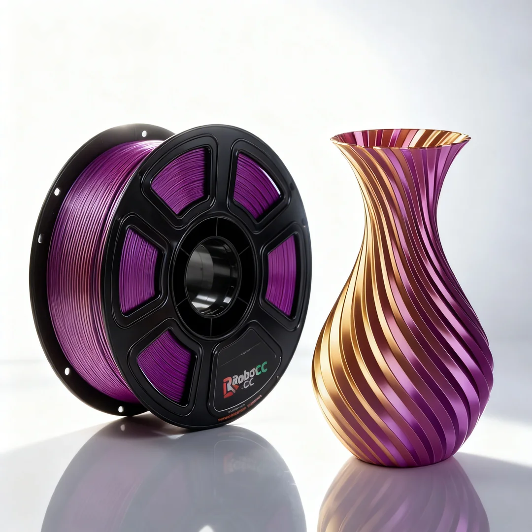 Spool of purple filament and a purple and gold vase on a reflective surface with a white background