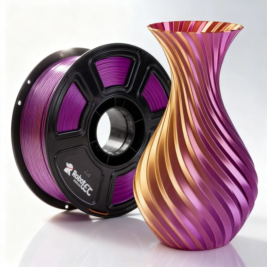 Spool of purple and black 3D printing filament next to a purple and gold swirled vase on a white background