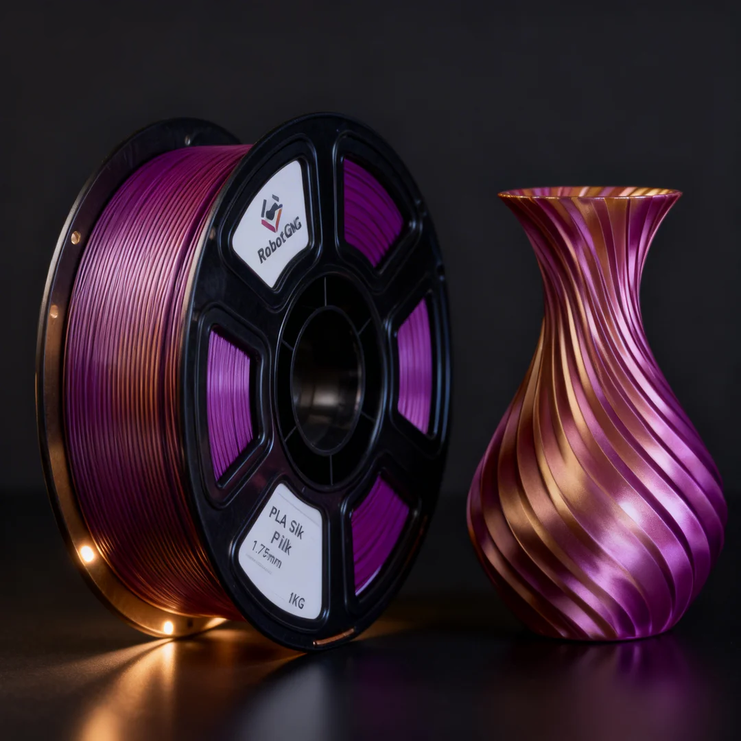Spool of purple 3D printing filament next to a purple and gold vase on a dark background