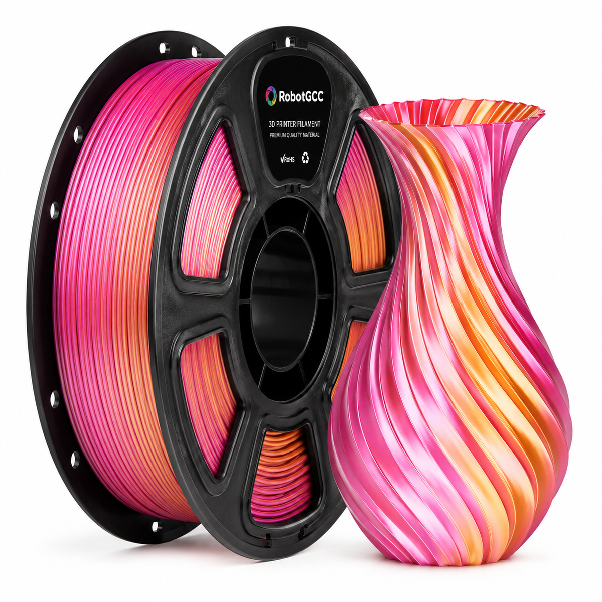 Spool of pink and orange 3D printer filament next to a colorful 3D printed vase on a white background