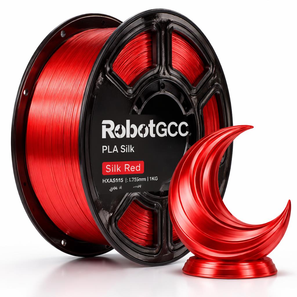 Red 3D printing filament spool with 'RobotGCC' branding and a red 3D printed object on a white background.
