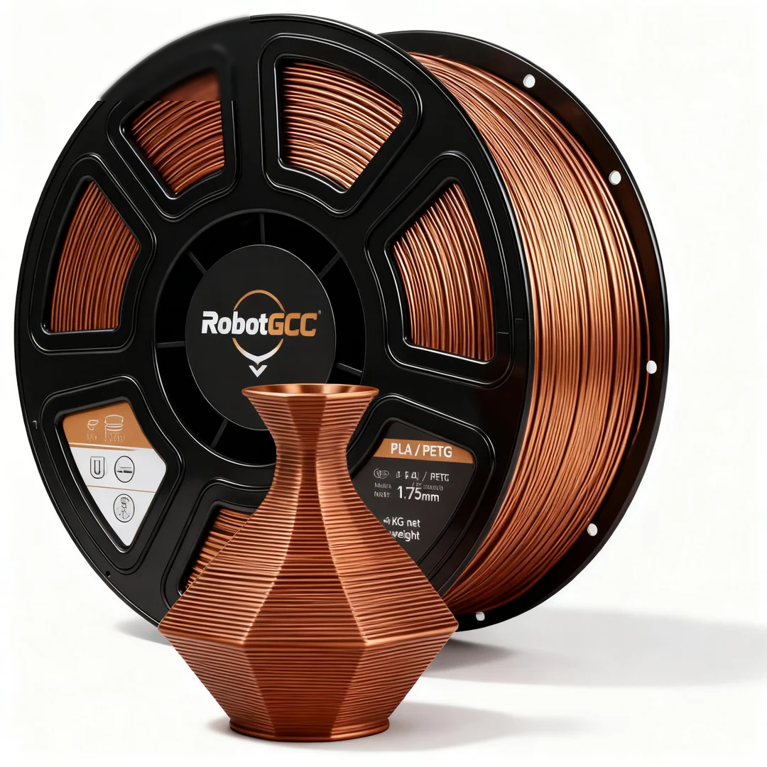Spool of copper-colored 3D printing filament with a 3D printed vase next to it, featuring the RobotGCC brand.