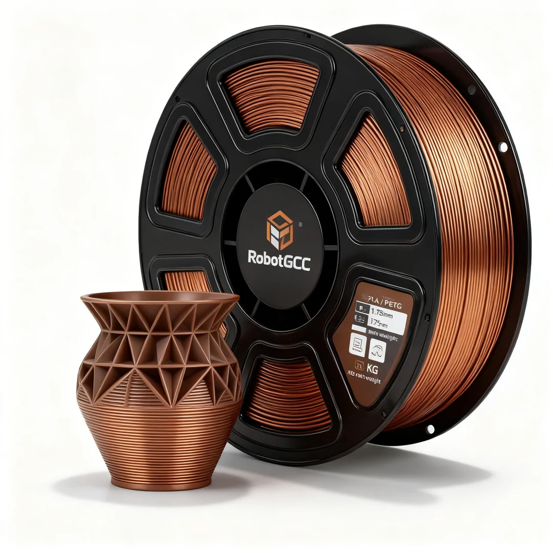 Spool of 3D printing filament with a printed vase on a white background