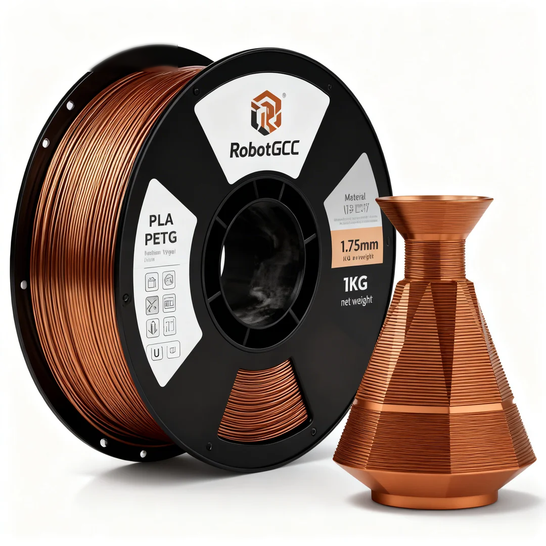 Spool of 3D printing filament with a printed vase on a white background, featuring the RobotGCC brand.