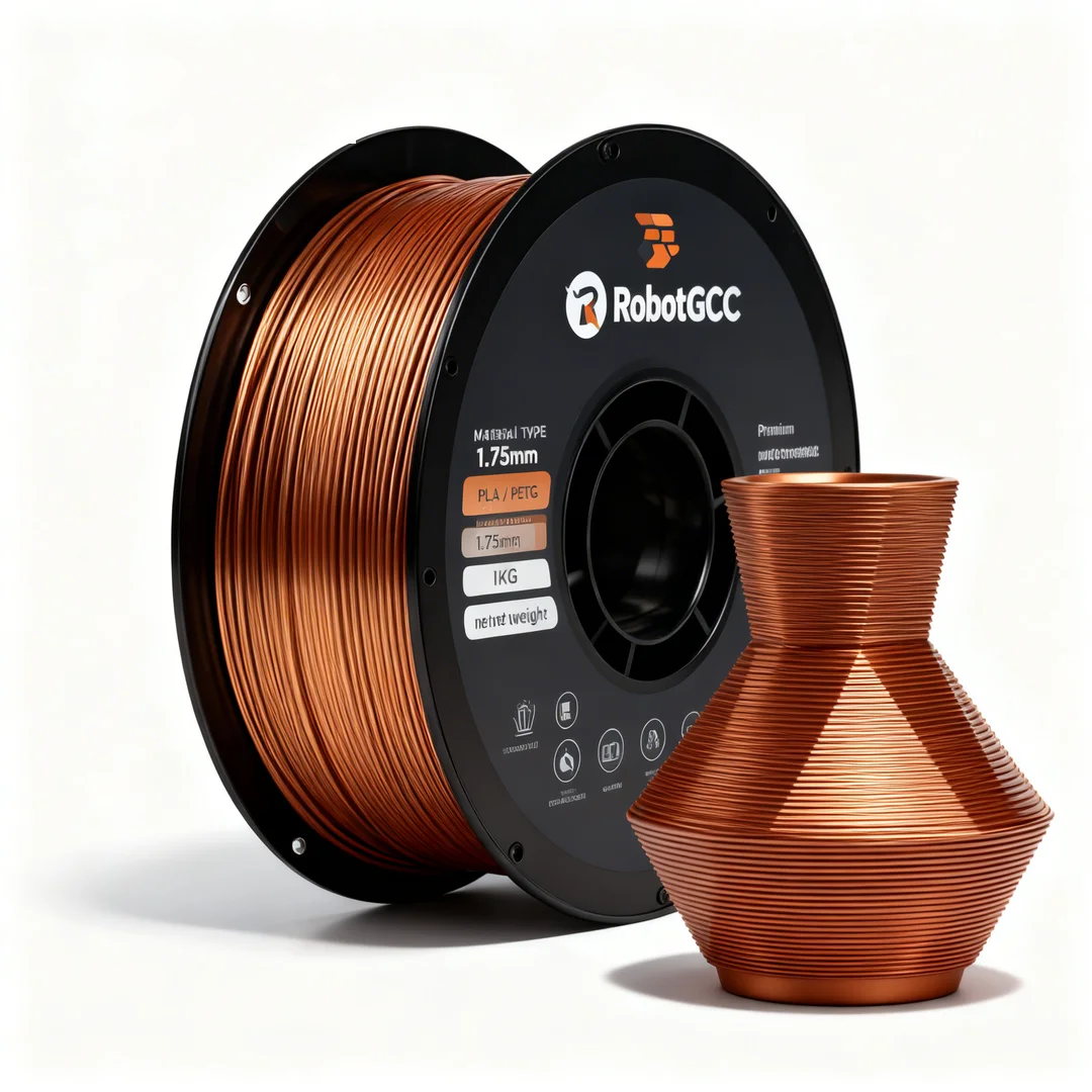 Spool of bronze-colored 3D printing filament with a printed bronze vase on a white background, featuring the RobotGCC brand.