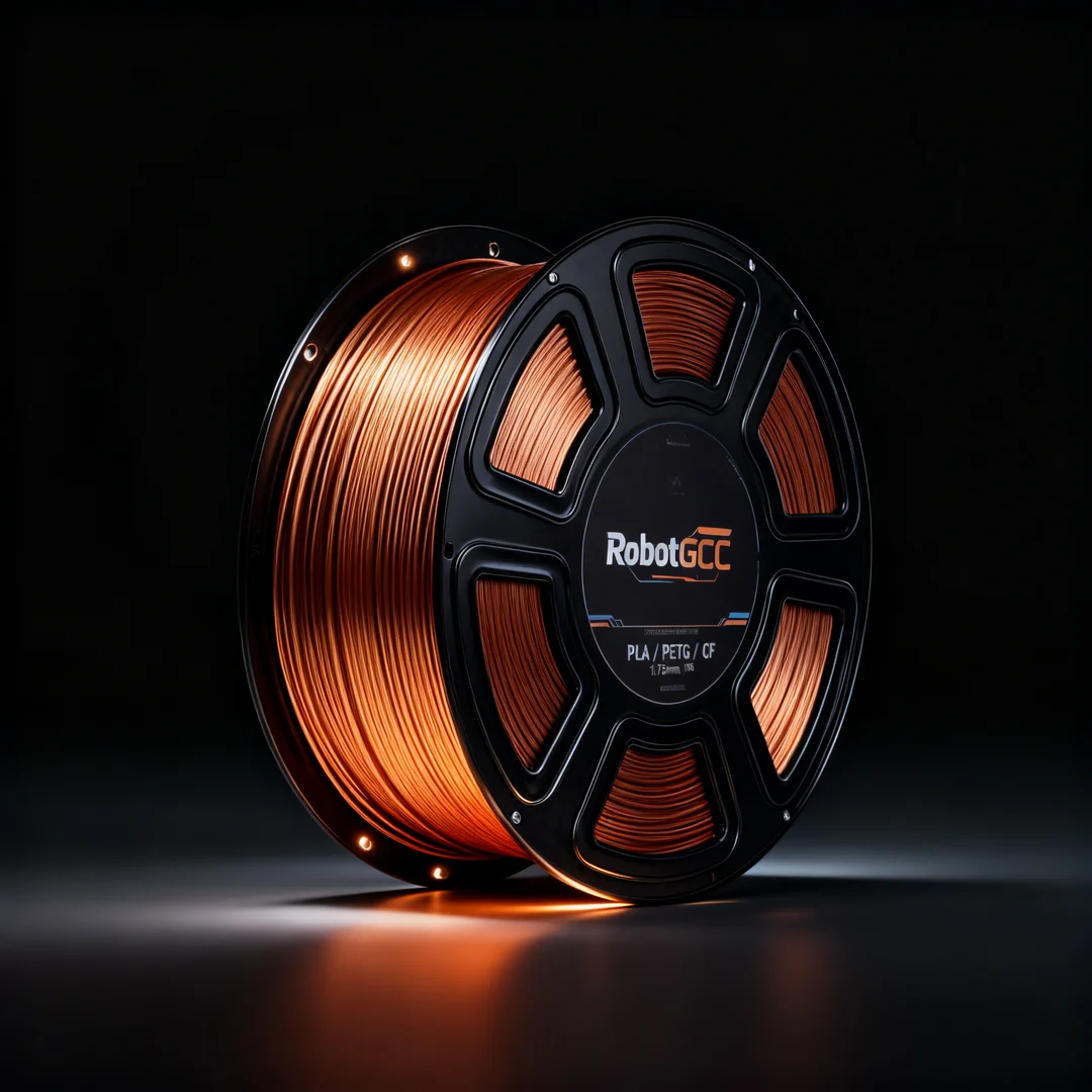 Spool of orange filament with 'RobotGCC' branding on a dark background