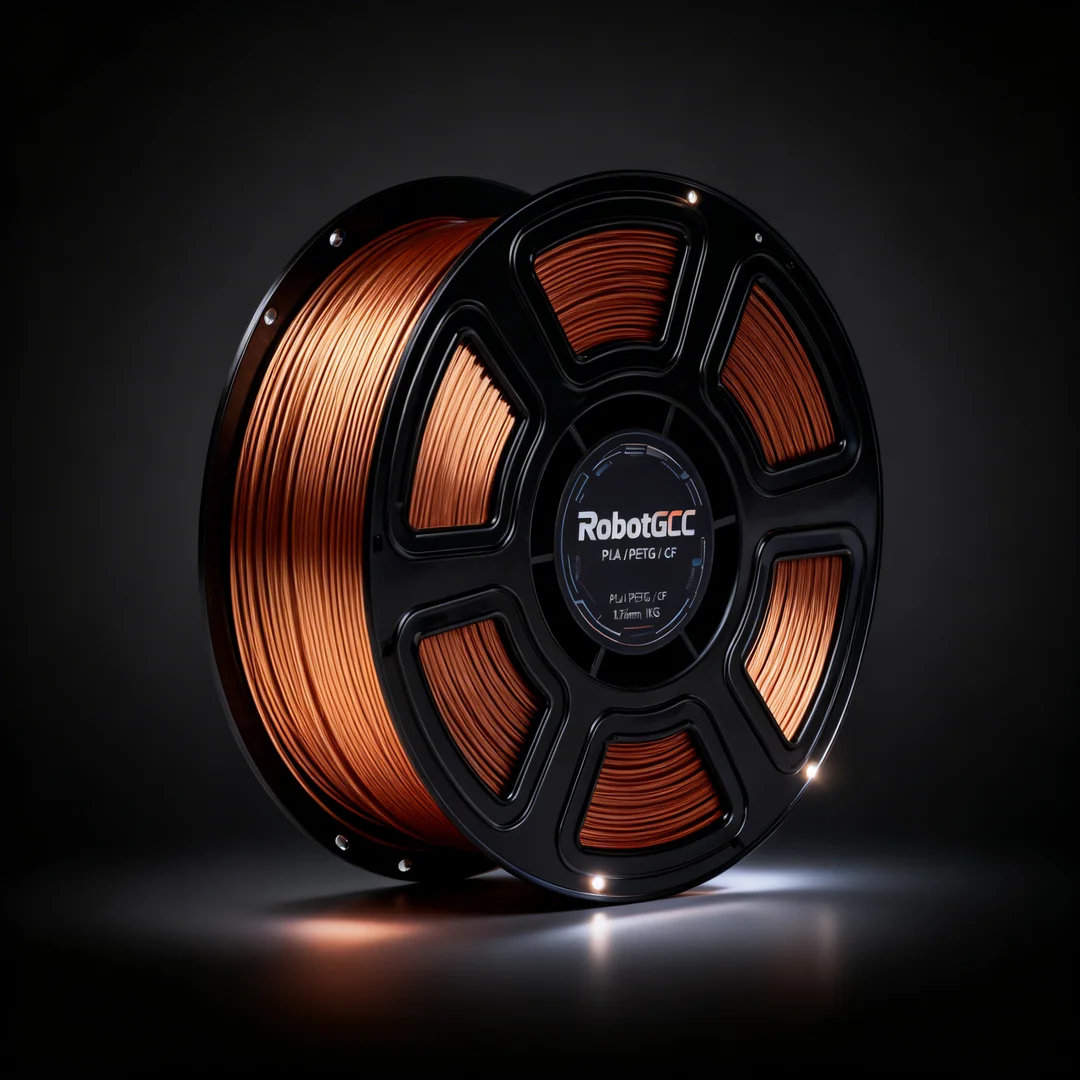 Spool of copper wire with 'RobotGCC' branding on a dark background