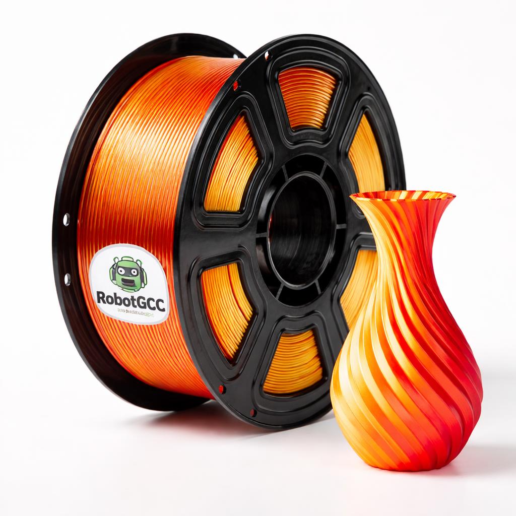 Spool of orange filament with a printed vase on a white background, featuring the RobotGCC brand.