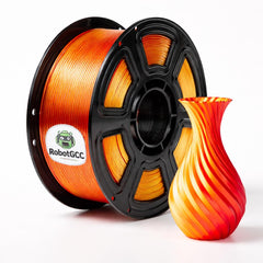Spool of orange filament with a printed vase on a white background, featuring the RobotGCC brand.