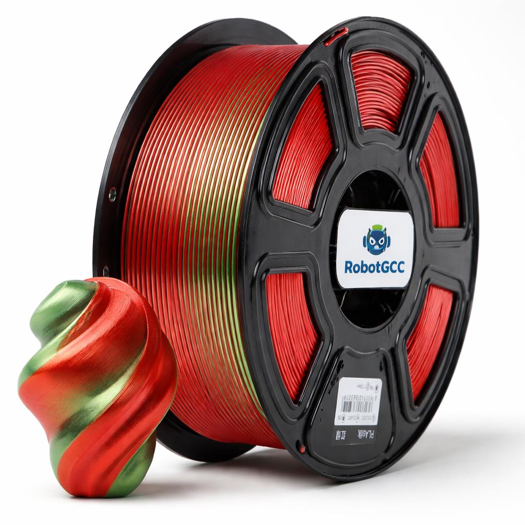 Spool of red 3D printing filament with RobotGCC branding on a white background
