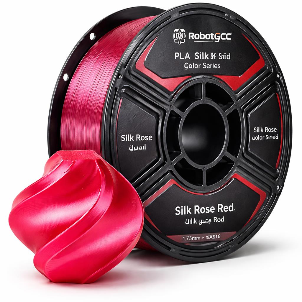 Spool of red 3D printing filament with 'RobotGCC' branding on a white background
