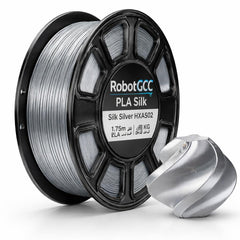 Spool of RobotGCC PLA Silk filament with a smaller spool on a white background