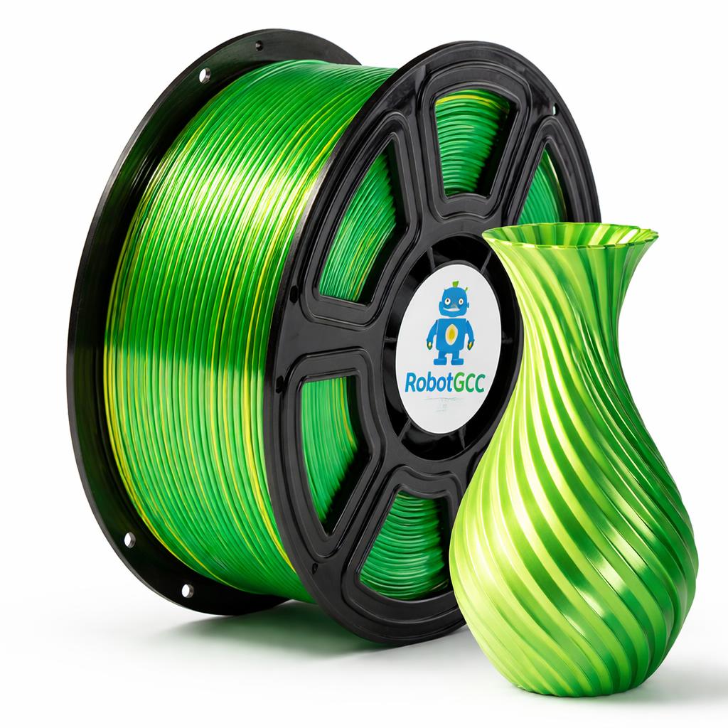 Spool of green filament and a green 3D printed vase on a white background with RobotGCC branding.