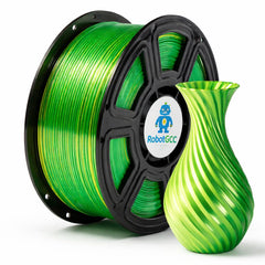 Spool of green filament and a green 3D printed vase on a white background with RobotGCC branding.