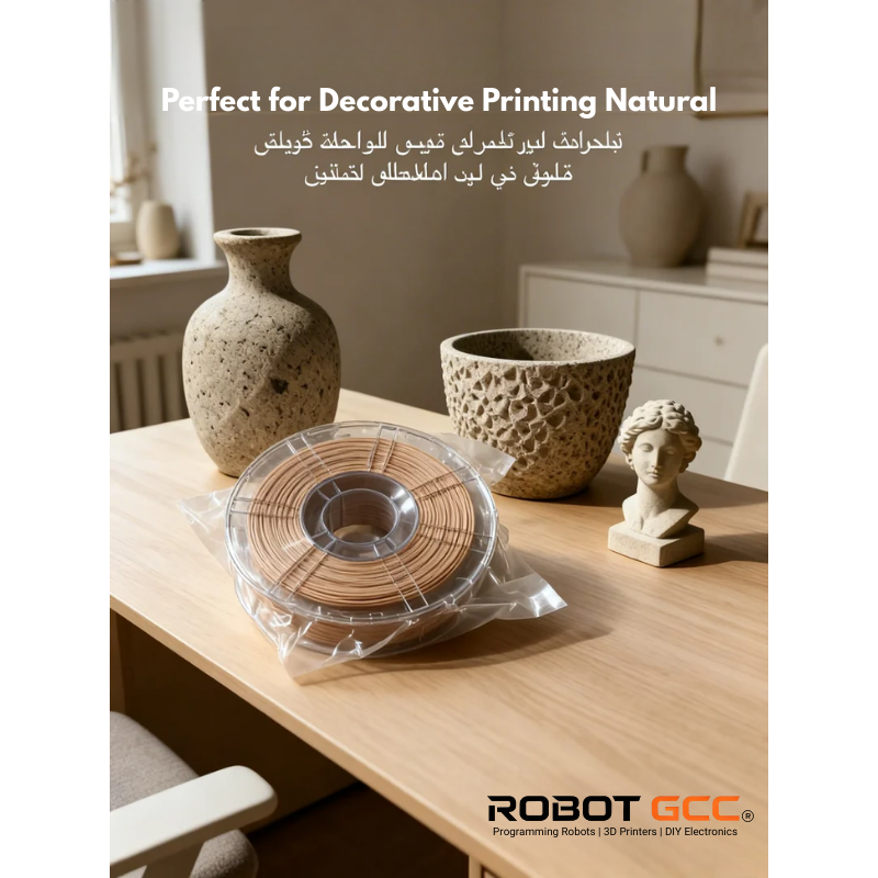 Decorative printing materials on a table with vases and a sculpture in the background, featuring the Robot GCC logo.