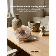 Decorative printing materials on a table with vases and a sculpture in the background, featuring the Robot GCC logo.