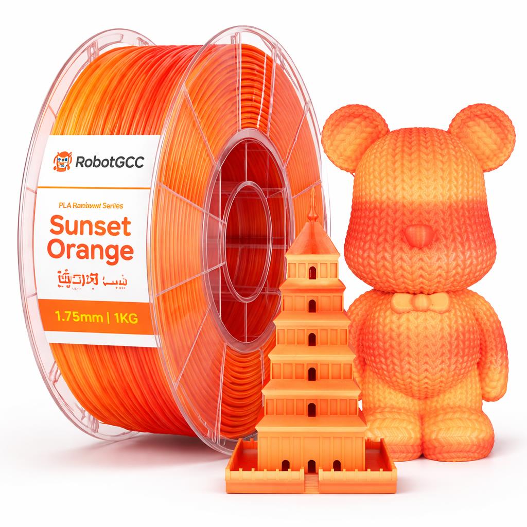 Spool of RobotGCC sunset orange 3D printing filament with a printed object on a white background